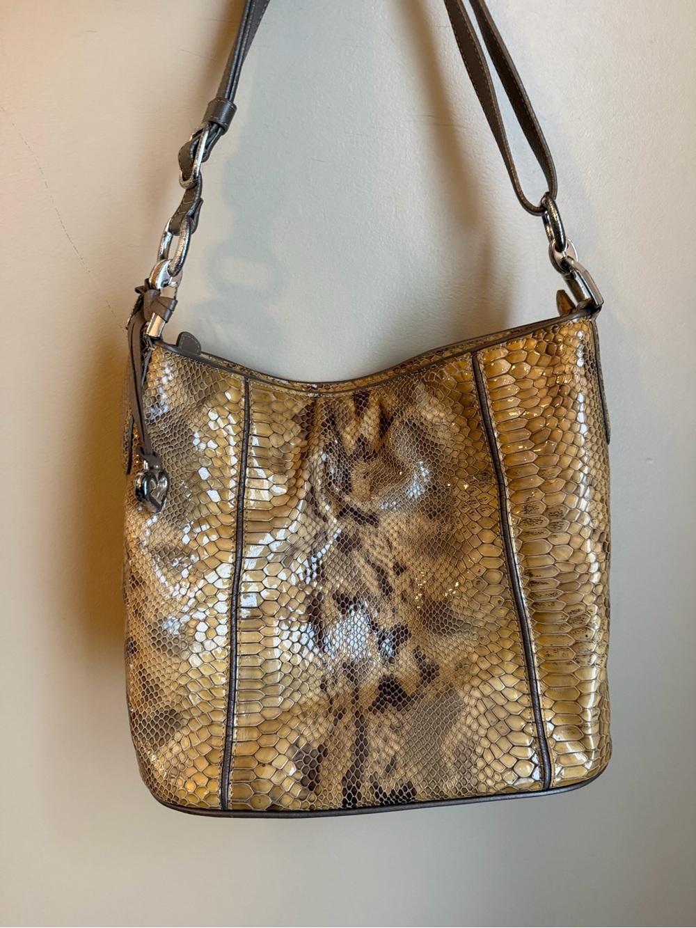 Y2K Brighton Snake Print Gold Patent Leather Shoulder Bag Bohemian Festival